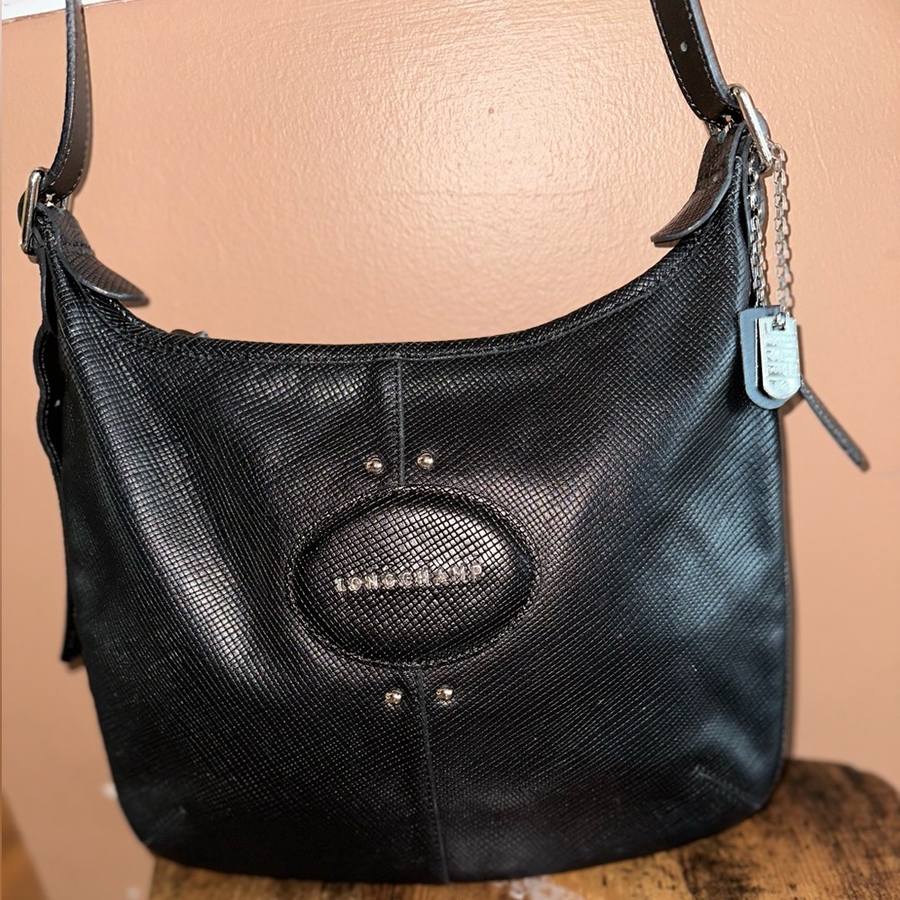 Longchamp Vintage Black Leather Crossbody Hobo Bag